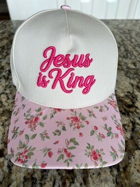 New Pink Floral 'Jesus is King' Embroidered Cap